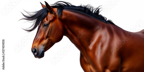 A majestic bay horse, its dark mane flowing in the wind, exudes power and grace against a stark white background, showcasing its rich, glossy coat. photo