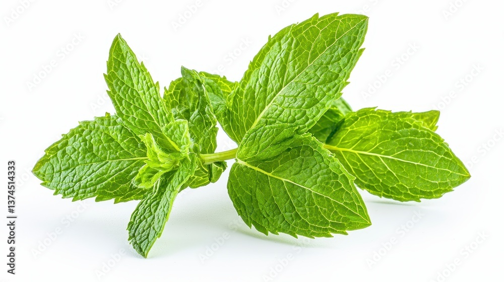 Fresh and aromatic bunch of green mint leaves isolated on a white background highlighting their natural texture Fresh and aromatic bunch of green mint leaves isolated on a white background highlighting their natural texture