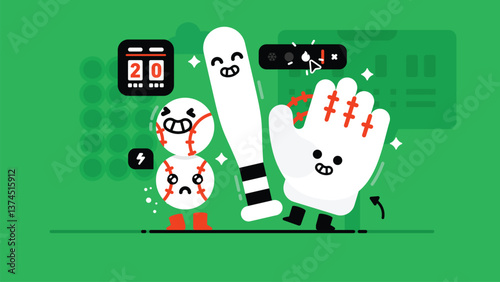 Set of Baseball gears, collection of cute Baseball bat, Baseballs and Baseball glove, Smiley American sport, flat Vector illustration.