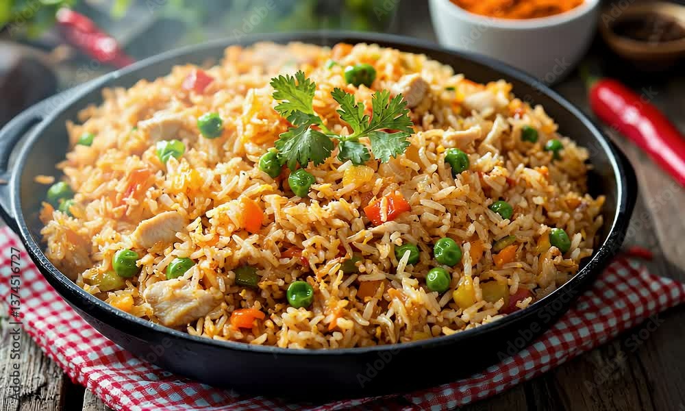 Flavorful rice dish with peas, chicken, and vegetables in a pan, atop a checkered cloth on a wooden table Flavorful rice dish with peas, chicken, and vegetables in a pan, atop a checkered cloth on a wooden table