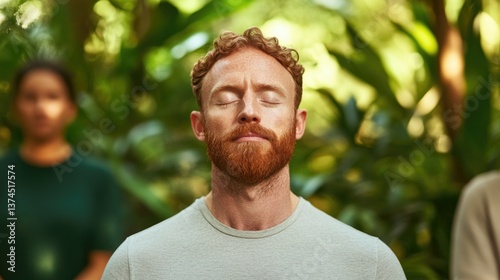 capture individual meditating in park dressed in casual activewear with serene facial expression surrounded by vibrant