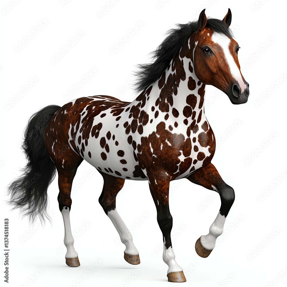 Obraz premium A beautiful horse with a unique spotted coat gracefully prancing, showcasing its elegance and strength. This dynamic image captures the spirit and vitality of equine beauty.