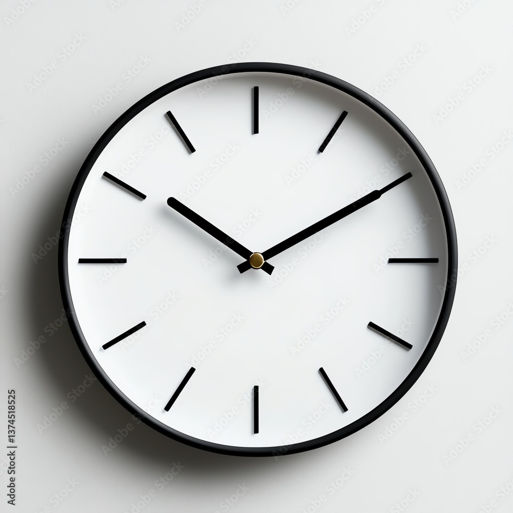 A modern wall clock with a simplistic design, featuring a white face and black hour markers. Ideal for home decor or office settings, adding elegance to any interior. A modern wall clock with a simplistic design, featuring a white face and black hour markers. Ideal for home decor or office settings, adding elegance to any interior.