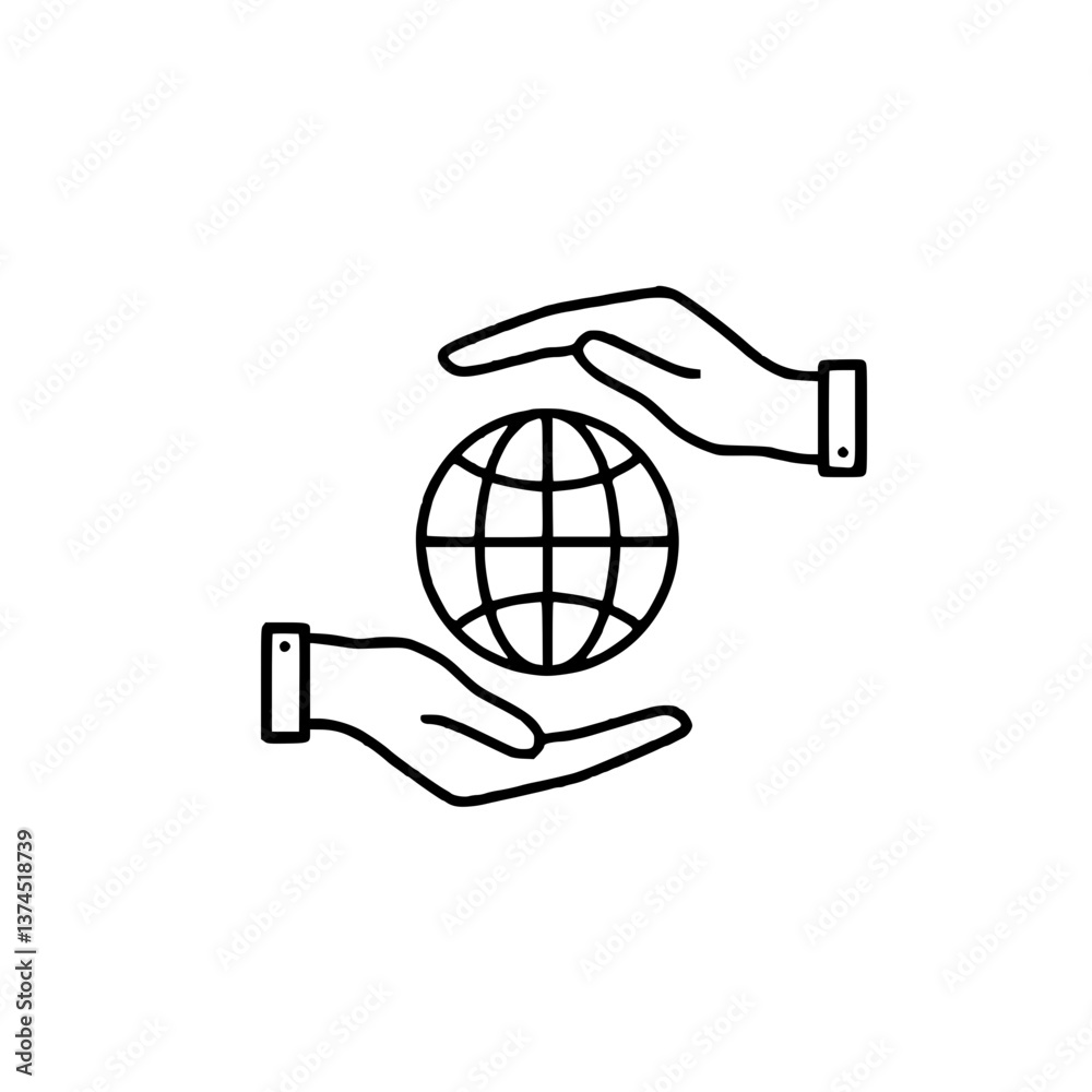 The icon has two hands supporting a globe, symbolizing protection and caring for the Earth