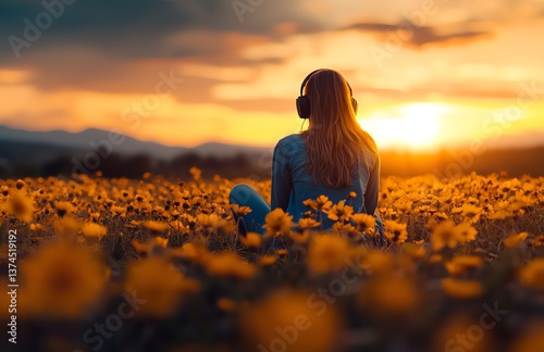 A serene moment captured in nature, a girl enjoying the tranquility of a sunset while listening to music in a vibrant field of flowers, embodying peace and relaxation.