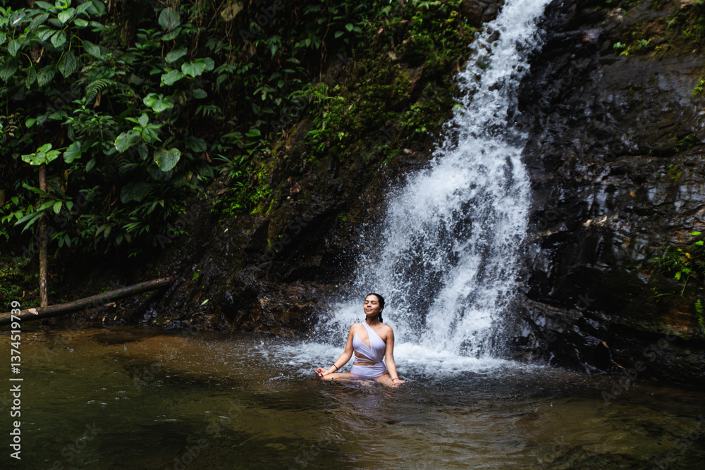Woman relaxing by a waterfall in Choco Andino, Ecuador Woman relaxing by a waterfall in Choco Andino, Ecuador