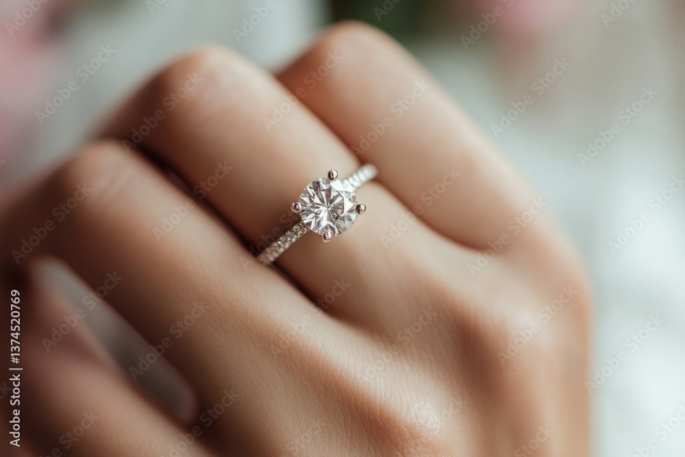 A stunning close-up of an elegant diamond ring on a woman's hand, showcasing its intricate details against a soft, blurred background that enhances its beauty. A stunning close-up of an elegant diamond ring on a woman's hand, showcasing its intricate details against a soft, blurred background that enhances its beauty.