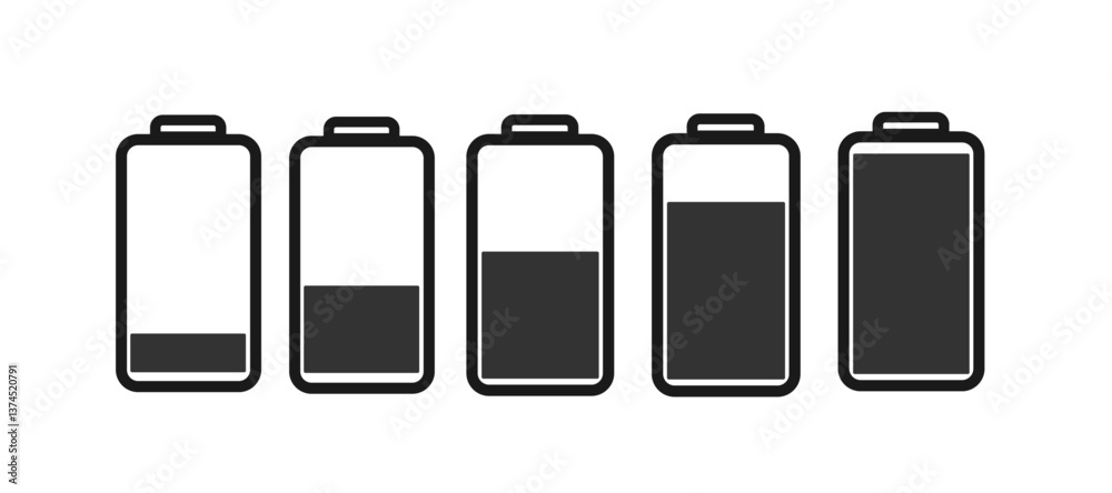 Set vector battery icon, battery indicator for phone, tablet, illustrative battery indicator symbol black, battery indicator with divisions (2-1-5) Set vector battery icon, battery indicator for phone, tablet, illustrative battery indicator symbol black, battery indicator with divisions (2-1-5)