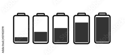 Set vector battery icon, battery indicator for phone, tablet, illustrative battery indicator symbol black, battery indicator with divisions (2-1-5)