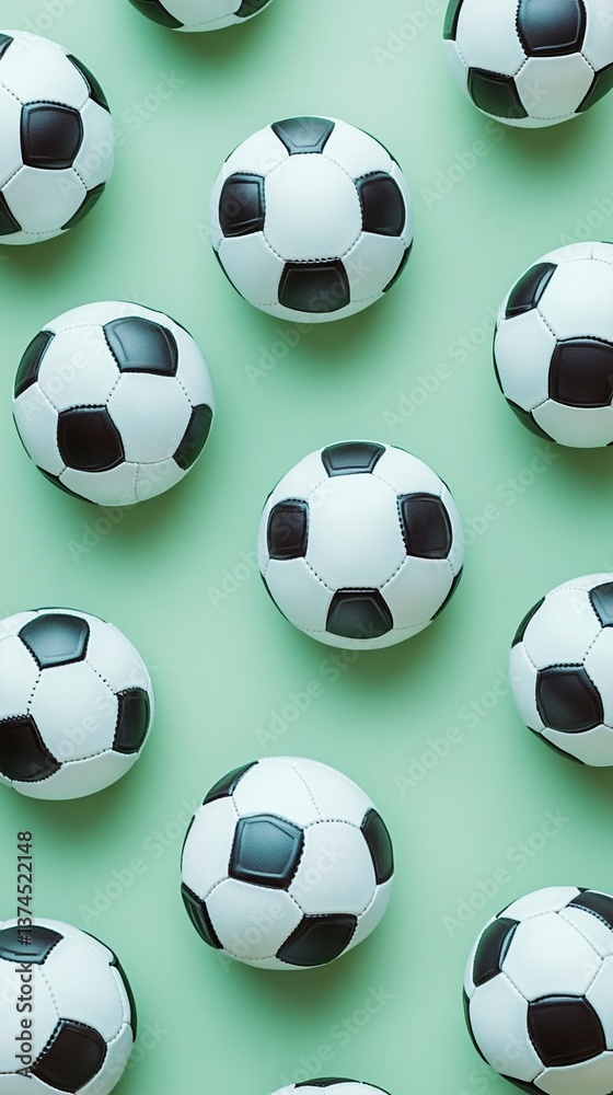 Classic soccer balls scattered across a soft mint green background, creating a dynamic and symmetrical pattern of black and white sporting equipment Classic soccer balls scattered across a soft mint green background, creating a dynamic and symmetrical pattern of black and white sporting equipment