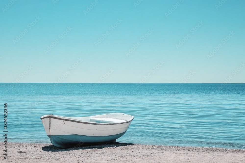 Naklejka premium A beautiful white boat rests quietly on the shoreline, surrounded by crystal-clear turquoise waters, evoking a sense of serenity and relaxation in a coastal paradise.