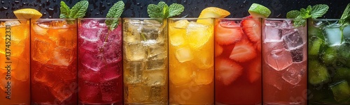 Panel kuchenny z motywem Many different types of drinks in tall glasses drink background