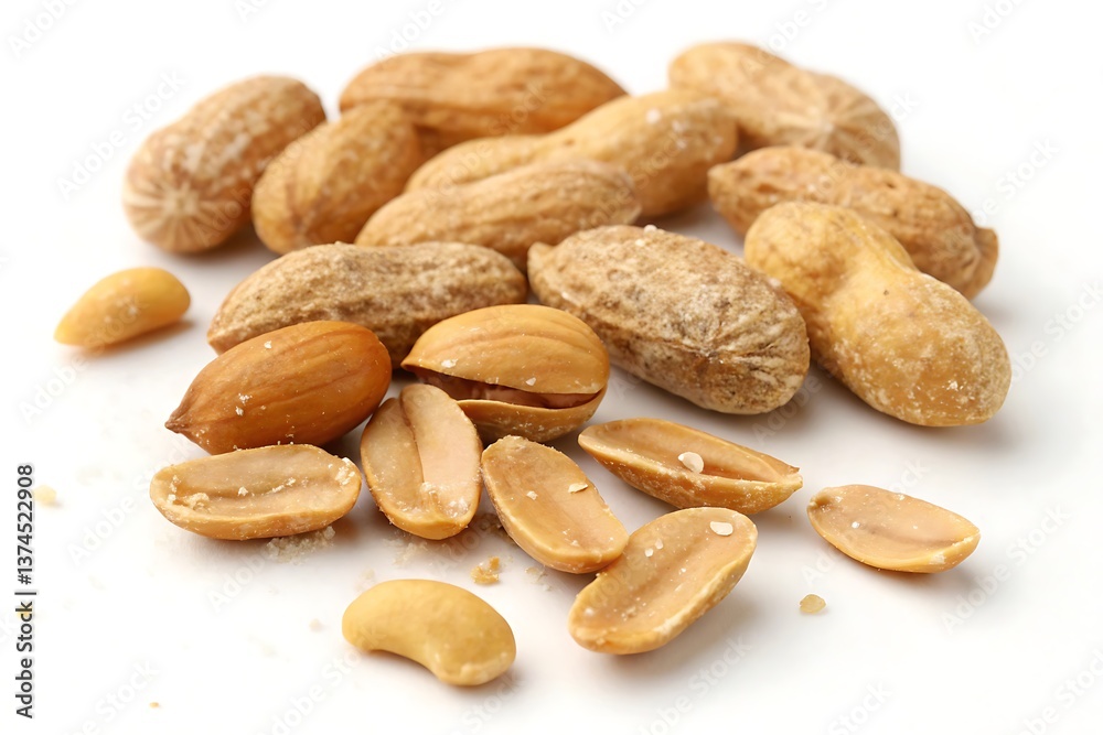 Roasted peanuts shelled and in shells scattered on a white background Crunchy delicious snack Roasted peanuts shelled and in shells scattered on a white background Crunchy delicious snack