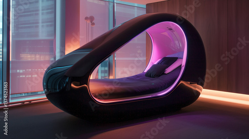 
High-tech sleep pod with ambient lighting and sound therapy features