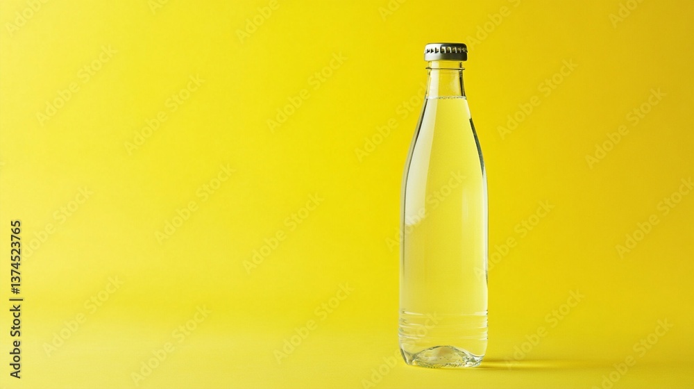 Crisp glass bottle of refreshing beverage standing elegantly against vibrant yellow background, showcasing minimalist design and clean aesthetic appeal Crisp glass bottle of refreshing beverage standing elegantly against vibrant yellow background, showcasing minimalist design and clean aesthetic appeal