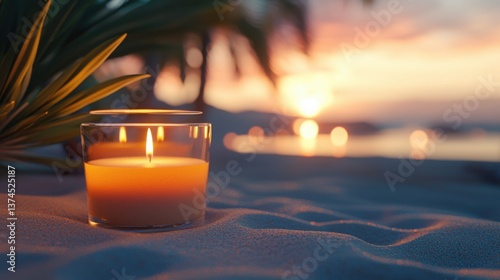 Candlelight Serenity: A glowing candle sits serenely on a sandy beach at sunset, its warm light contrasting with the cool tones of the ocean and sky.