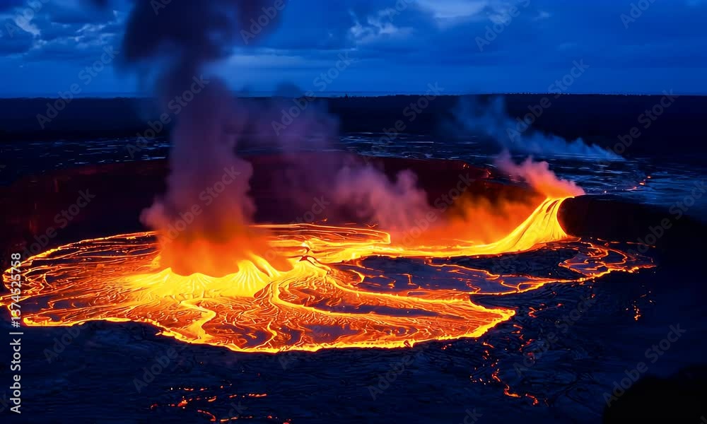 Active volcano crater filled with molten lava, glowing intensely with smoke at dusk Active volcano crater filled with molten lava, glowing intensely with smoke at dusk