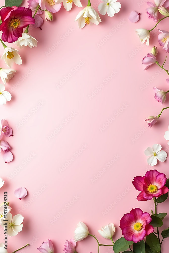 Fototapeta premium Romantic Floral Frame on Soft Pink Background with Roses, Lilies & Orchids – Ideal for Weddings, Love Celebrations & Gift Designs