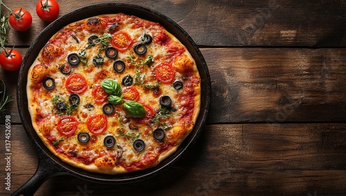 A delicious pizza with melted cheese, olives, and tomatoes sits in a cast iron skillet on a rustic wooden table.