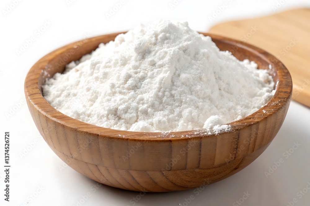 A bowl of fluffy white flour perfect for baking sits in warm light against a simple background A bowl of fluffy white flour perfect for baking sits in warm light against a simple background