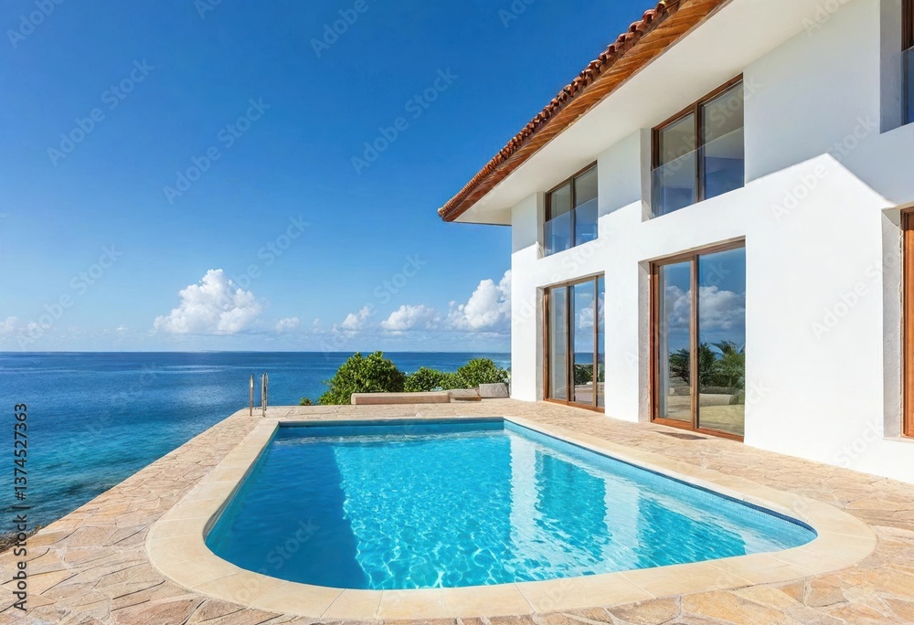 Fototapeta premium Modern residence offers a sparkling pool beside expansive ocean vistas under a clear sky.