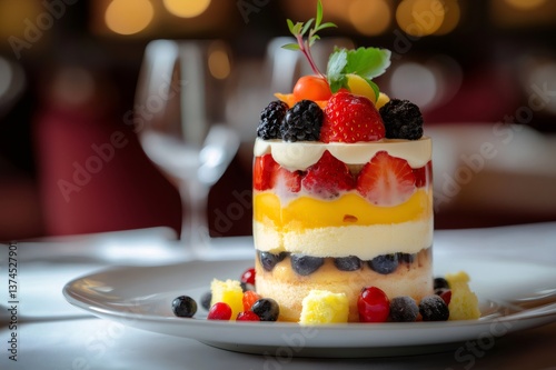 Delicious layered trifle dessert with sponge cake, custard and fresh berries is served on a white plate in a restaurant