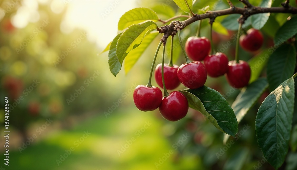Ripe cherries hanging on a tree in a lush orchard Ripe cherries hanging on a tree in a lush orchard