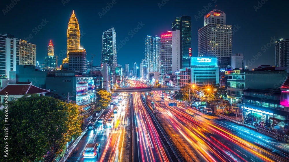 Obraz premium Vibrant nightlife action in kuala lumpur cityscape urban environment dynamic viewpoint modern concept