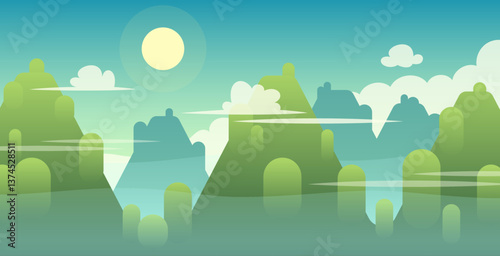 Green Mountains Landscape Flat Style Vector Illustration. Suitable for web, games and books. Horizontal format.