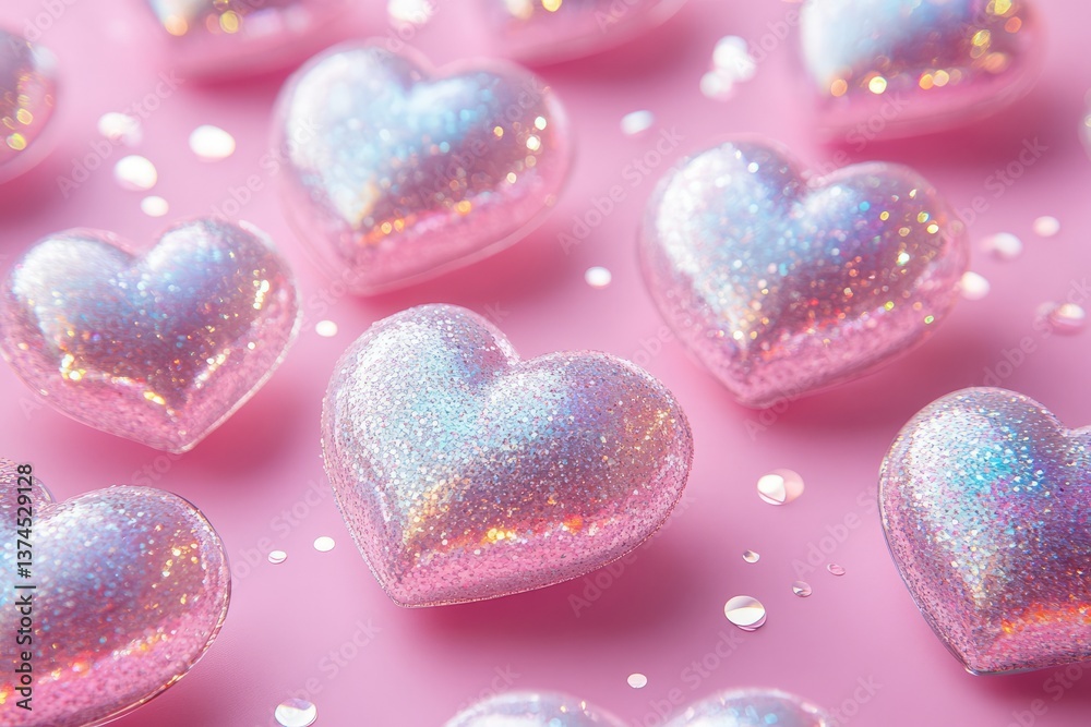 Fototapeta premium Pretty Disco Heart Shaped Balls, Sparkle Light Rays Rotating