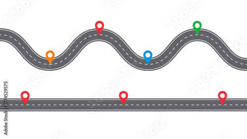 Straight and curved road. Asphalt road template. Highway or road background. Vector illustration.