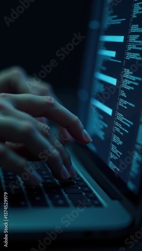 Wallpaper Mural Hacker or developer writing software on a laptop in a moody cyberpunk setting. Torontodigital.ca