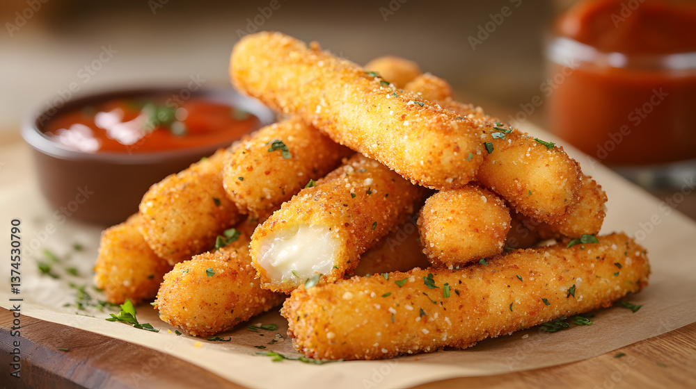 Hot and crispy mozzarella sticks with gooey cheese inside, served with a savory, spicy dipping sauce for a delightful snack. Hot and crispy mozzarella sticks with gooey cheese inside, served with a savory, spicy dipping sauce for a delightful snack.