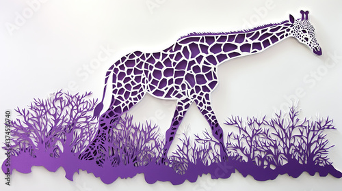 Wallpaper Mural Purple Giraffe Paper Cutting Art: Large Giraffe Illustration, Pure White Background, Unique Animal Artwork, Colorful Paper Craft, Elegant Silhouette Design.
 Torontodigital.ca