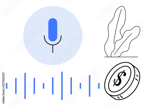 Blue microphone with soundwaves indicates voice recording. Adjacent coin suggests monetary gains or transactions. Plant illustration adds a creative aesthetic. Ideal for business, podcasting