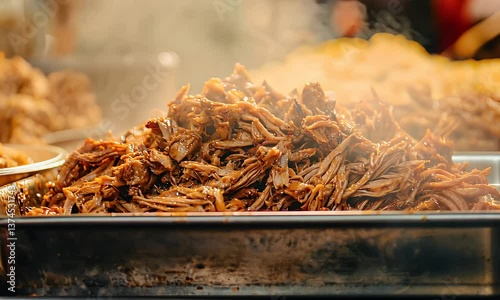 Steaming pulled meat piled high in a metal tray. Side dishes blur in the back, tempting hungry customers