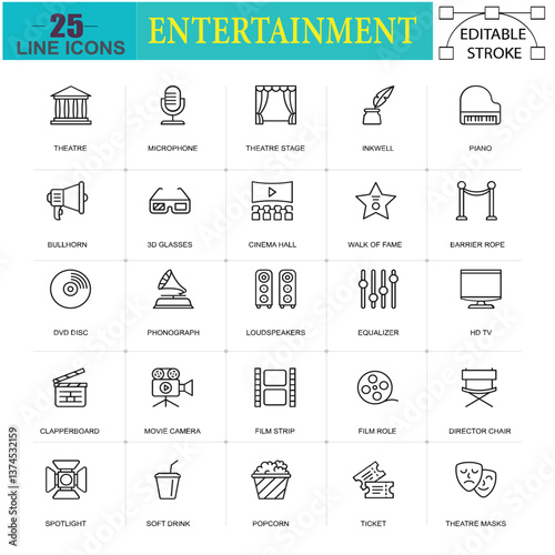 Entertainment Line Icons – Theater, Cinema and Music Symbols for Events and Media Projects in Thin Line Style