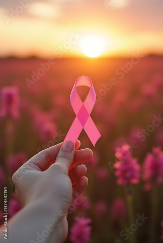 Hand holding pink ribbon in a blooming field at sunset, representing hope, support for breast cancer awareness, and the fight for women’s health and research.