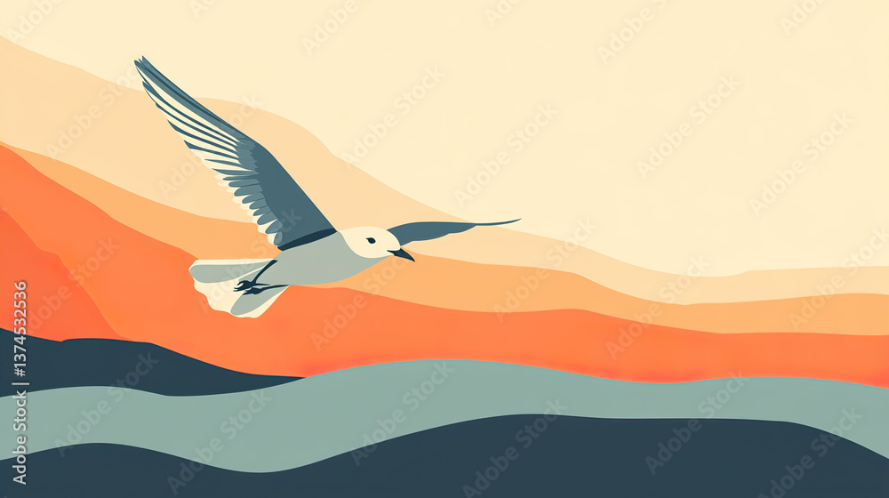 Naklejka premium Flat Design Bird in Flight: Simple Bird Illustration, Graphic Bird Icon, Minimalist Bird Art, Avian Symbol, Flying Bird Vector, Nature Inspired Design. 