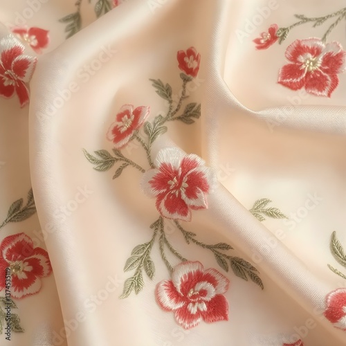 Embroidered Floral Fabric: Intricate embroidery of vibrant red flowers and green leaves adorns a delicate, flowing fabric, creating a tapestry of beauty and elegance. 