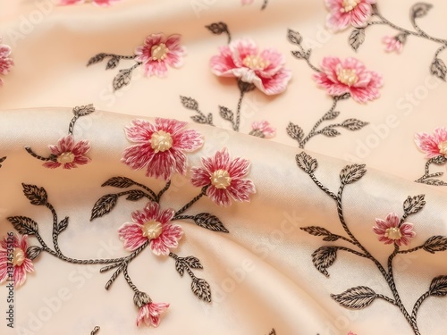 Floral Fabric Elegance: Delicate embroidered flowers dance across a silk fabric, evoking the softness and luxury in a close-up shot.