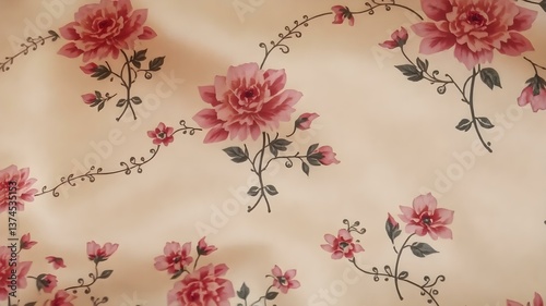 Floral Elegance: A close-up shot unveils a beautifully patterned fabric, adorned with delicate pink roses and intertwining green vines against a soft backdrop, evoking a sense of vintage charm.