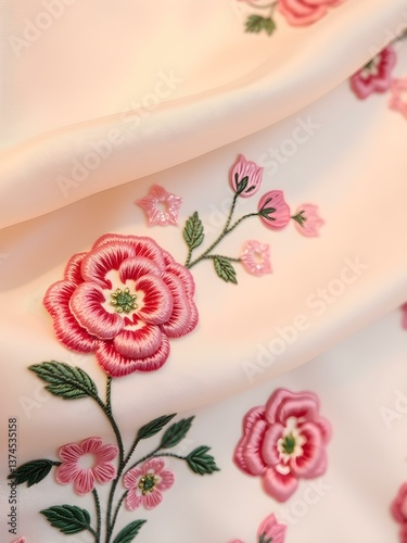 Floral Embroidery on Silk: A close-up shot of exquisite, meticulously embroidered flowers blossoming against a soft, delicate silk fabric. Showcasing the timeless elegance of nature's artistry.