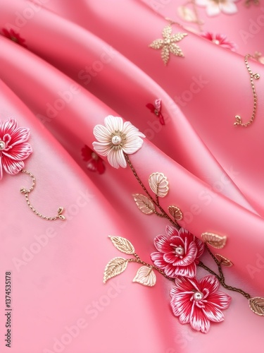 Delicate Pink Fabric: A close-up captures a luxurious pink fabric, its soft folds adorned with intricate floral embroidery, creating a visual tapestry of texture and artistry.