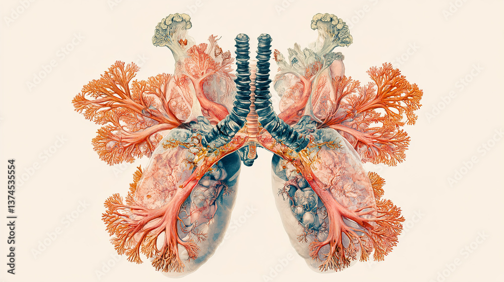 Naklejka premium Detailed Lung Illustration: Bronchial Anatomy Art, Scientific Medical Imagery, Educational Respiratory System Diagram, Human Organ Artwork, Pulmonary Health Visualization. 