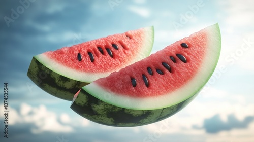 Two watermelon slices floating in the air against a cloudy sky.  The slices show the vibrant red flesh, the black seeds, and the green rind photo