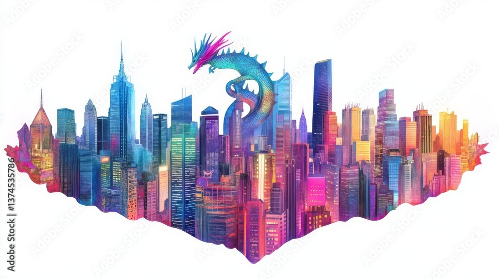 Obraz premium A vibrant watercolor depiction of a city skyline with a dragon, blending artistry and urban fantasy beautifully.