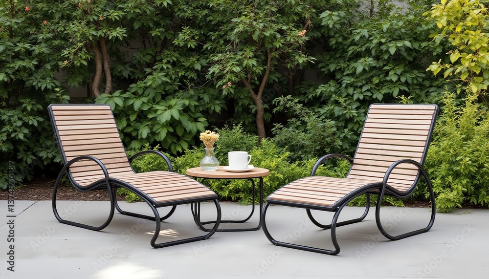 Relaxing patio chairs in a serene garden setting. Relaxing patio chairs in a serene garden setting.