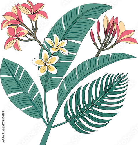 Tropical Plumeria Flowers and Palm Leaves Vector Illustration, Exotic Botanical Floral Design for Summer, Wedding, Beach Decor Artwork
