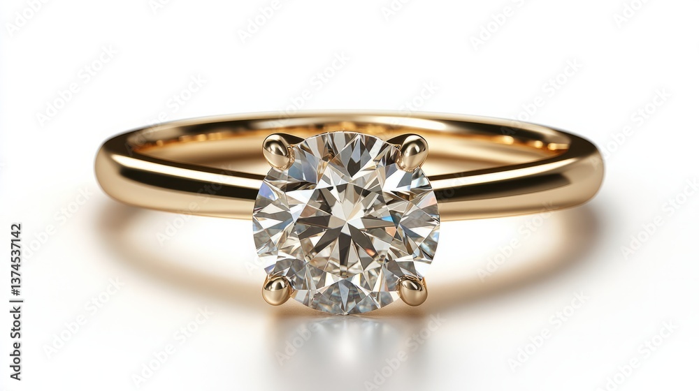 An elegant yellow gold ring with a solitaire round brilliant diamond, simple yet luxurious, glowing on a white background An elegant yellow gold ring with a solitaire round brilliant diamond, simple yet luxurious, glowing on a white background